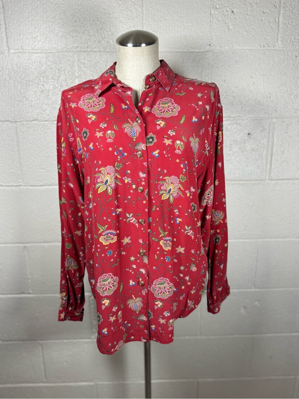 Vintage Liz Claiborne 100% Silk Red Floral Button Down Shirt Size 8 EUC